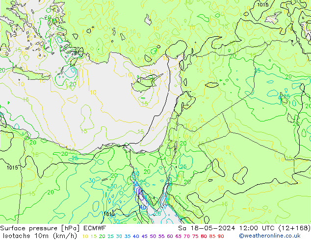 Isotachen (km/h) ECMWF Sa 18.05.2024 12 UTC