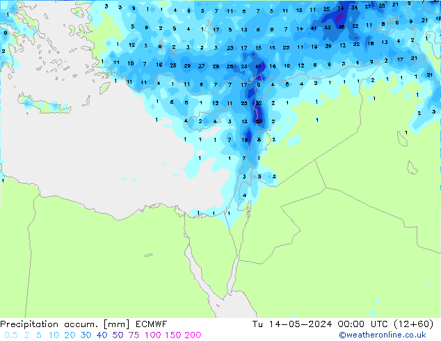 Precipitation accum. ECMWF Út 14.05.2024 00 UTC