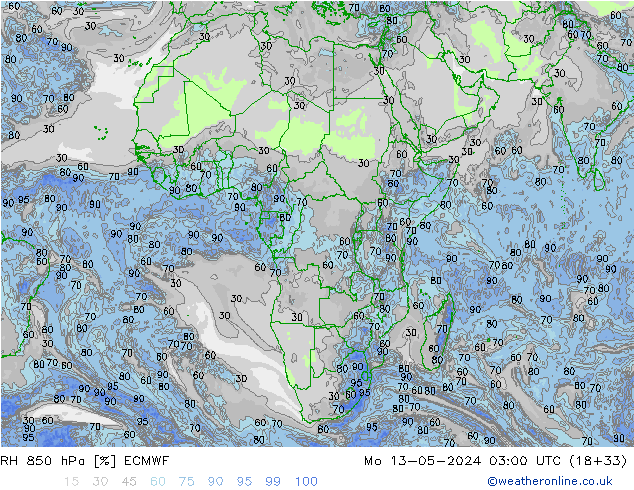 RH 850 гПа ECMWF пн 13.05.2024 03 UTC