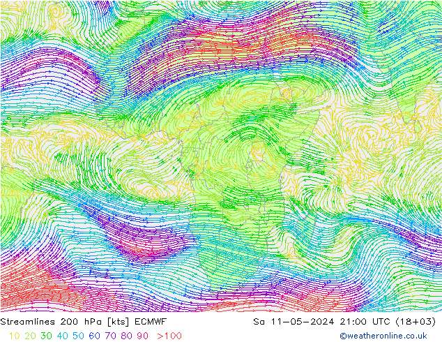 Linea di flusso 200 hPa ECMWF sab 11.05.2024 21 UTC