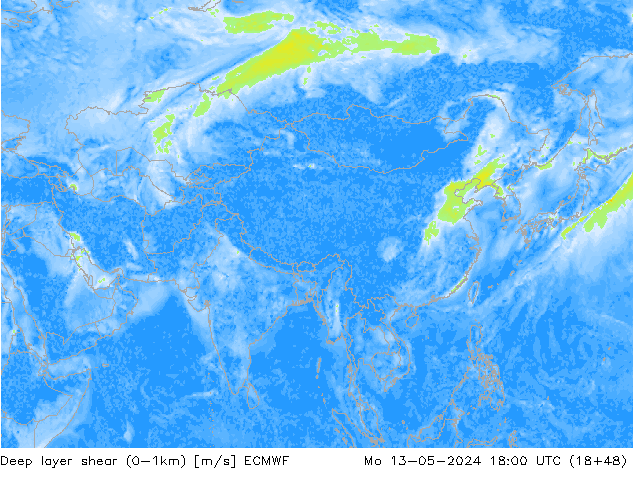 Deep layer shear (0-1km) ECMWF ma 13.05.2024 18 UTC