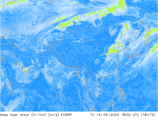 Deep layer shear (0-1km) ECMWF вт 14.05.2024 18 UTC