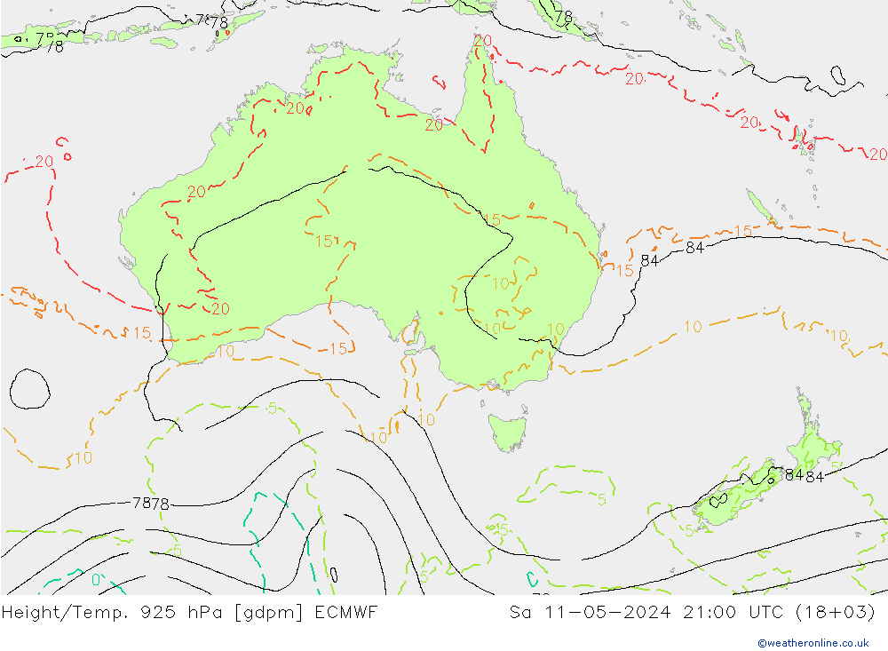 Géop./Temp. 925 hPa ECMWF sam 11.05.2024 21 UTC