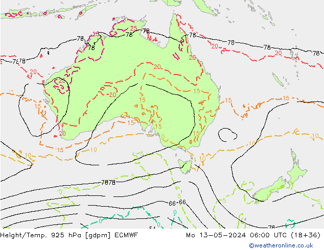Height/Temp. 925 hPa ECMWF pon. 13.05.2024 06 UTC
