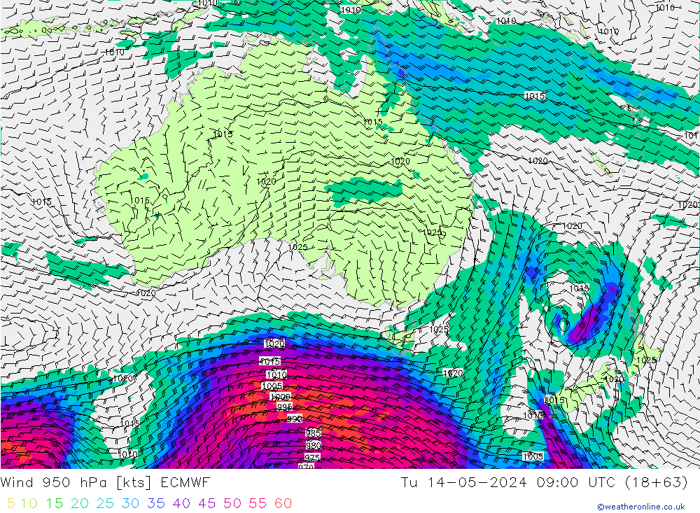 Wind 950 hPa ECMWF Tu 14.05.2024 09 UTC