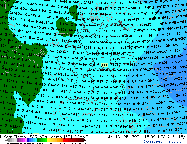 Height/Temp. 500 hPa ECMWF Mo 13.05.2024 18 UTC