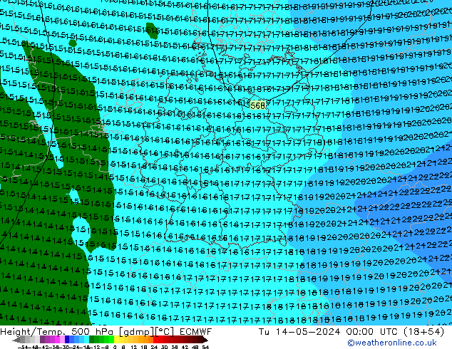 Z500/Yağmur (+YB)/Z850 ECMWF Sa 14.05.2024 00 UTC