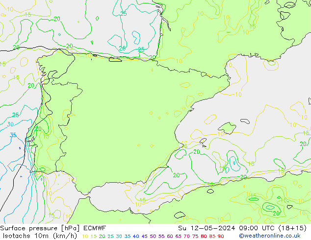 Isotachs (kph) ECMWF Su 12.05.2024 09 UTC