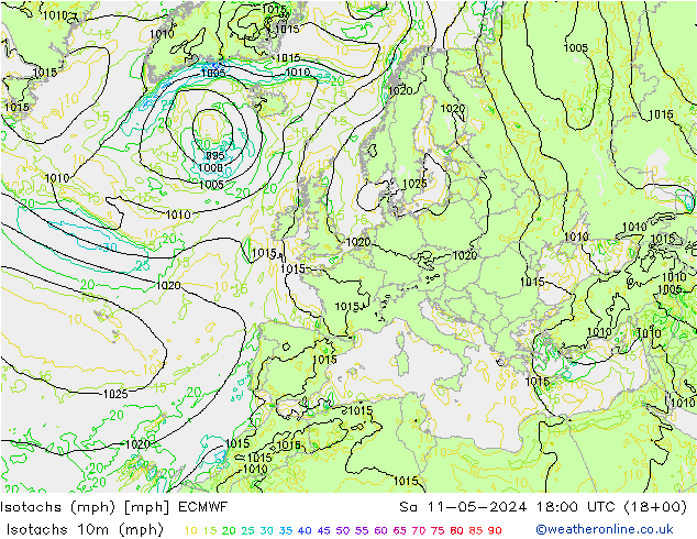 Isotachs (mph) ECMWF So 11.05.2024 18 UTC