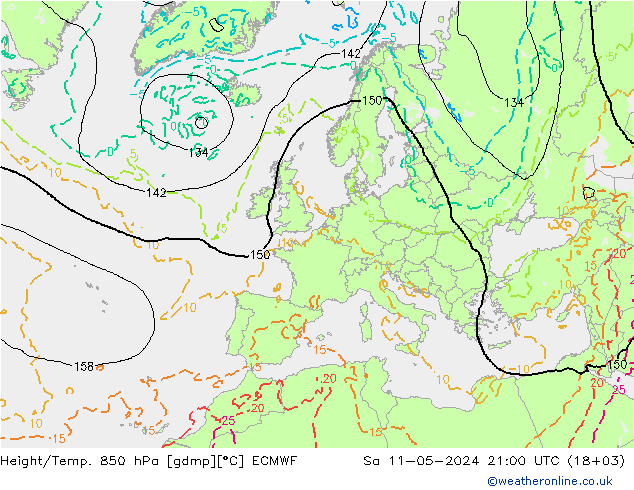 Geop./Temp. 850 hPa ECMWF sáb 11.05.2024 21 UTC