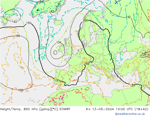 Z500/Yağmur (+YB)/Z850 ECMWF Pzt 13.05.2024 12 UTC