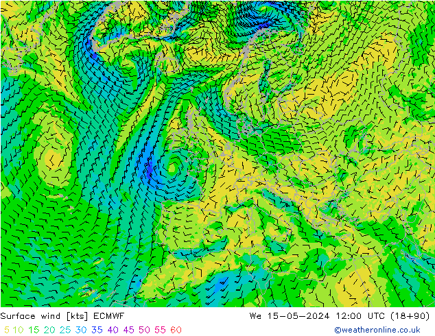 Surface wind ECMWF We 15.05.2024 12 UTC