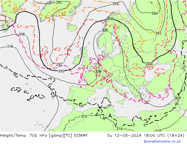 Height/Temp. 700 hPa ECMWF So 12.05.2024 18 UTC