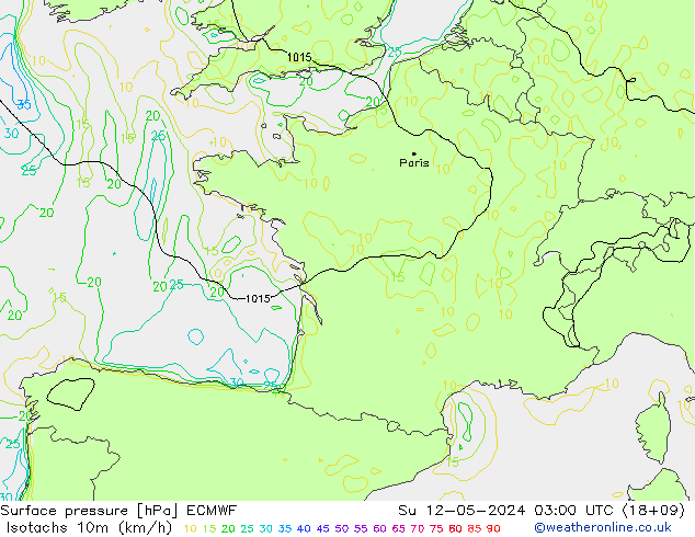 Isotachs (kph) ECMWF Ne 12.05.2024 03 UTC