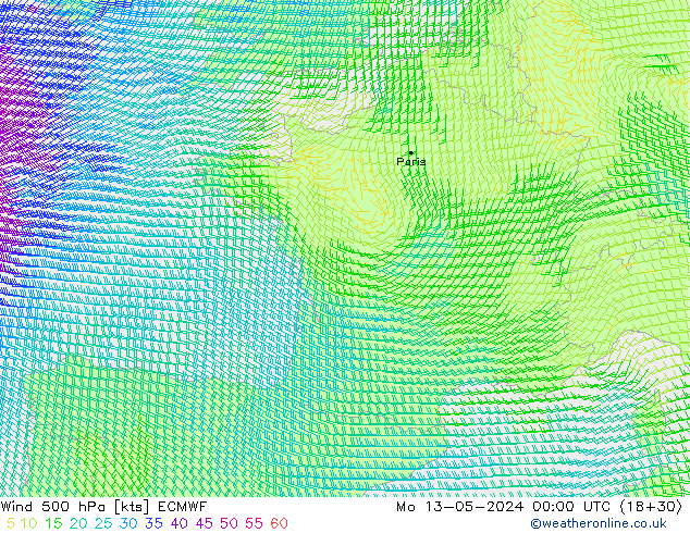Wind 500 hPa ECMWF Mo 13.05.2024 00 UTC