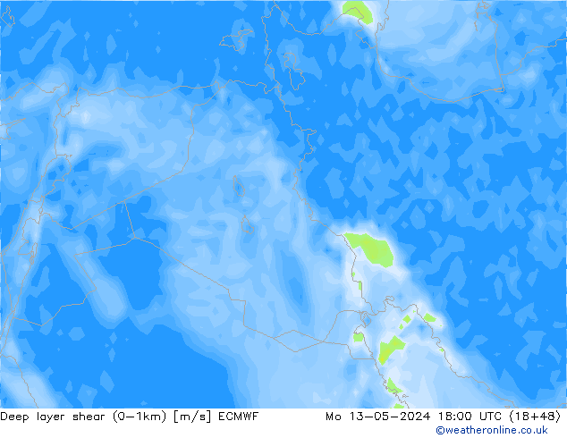 Deep layer shear (0-1km) ECMWF пн 13.05.2024 18 UTC