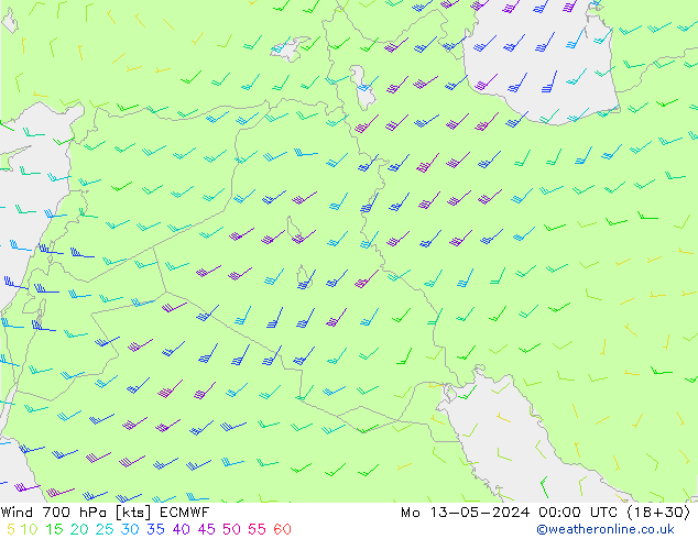 Vento 700 hPa ECMWF Seg 13.05.2024 00 UTC