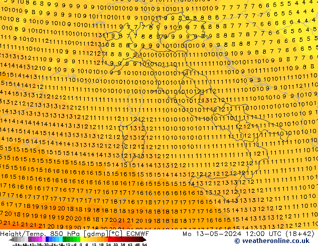 Z500/Rain (+SLP)/Z850 ECMWF Mo 13.05.2024 12 UTC