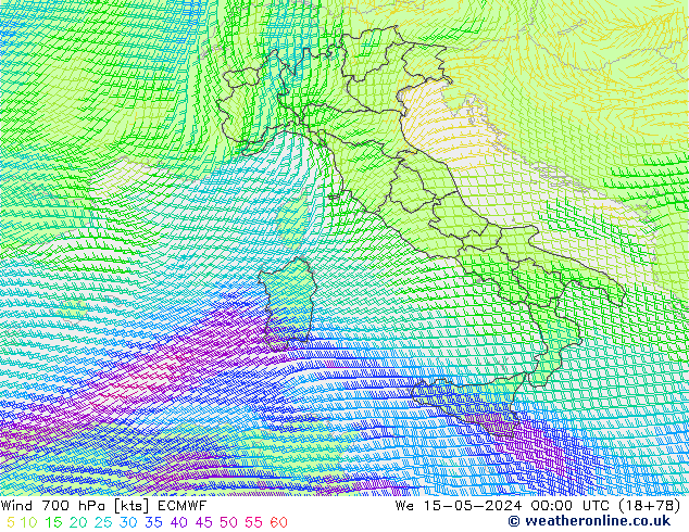 Wind 700 hPa ECMWF St 15.05.2024 00 UTC