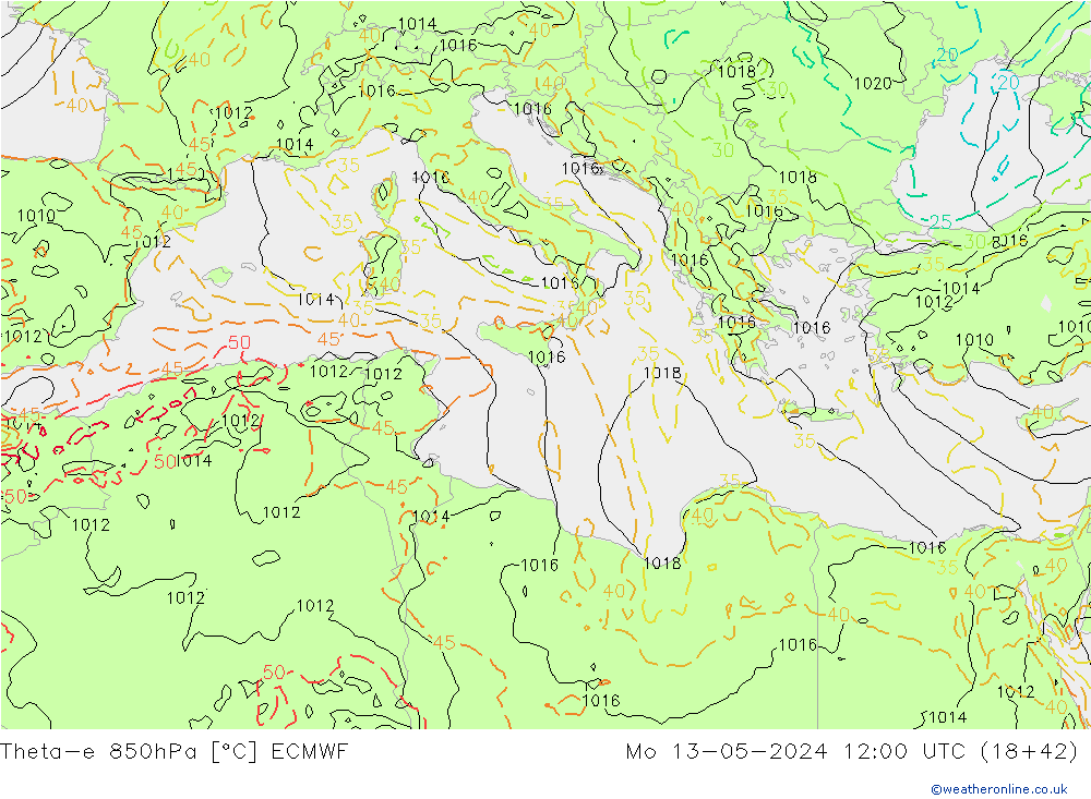 Theta-e 850hPa ECMWF Seg 13.05.2024 12 UTC