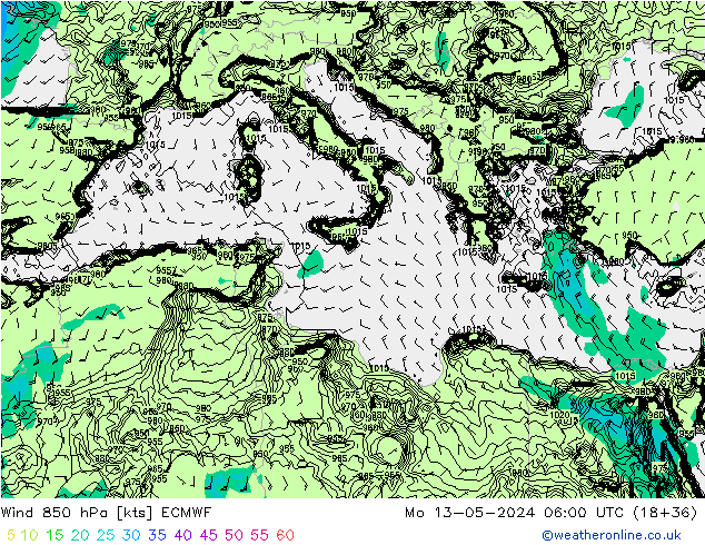 Rüzgar 850 hPa ECMWF Pzt 13.05.2024 06 UTC