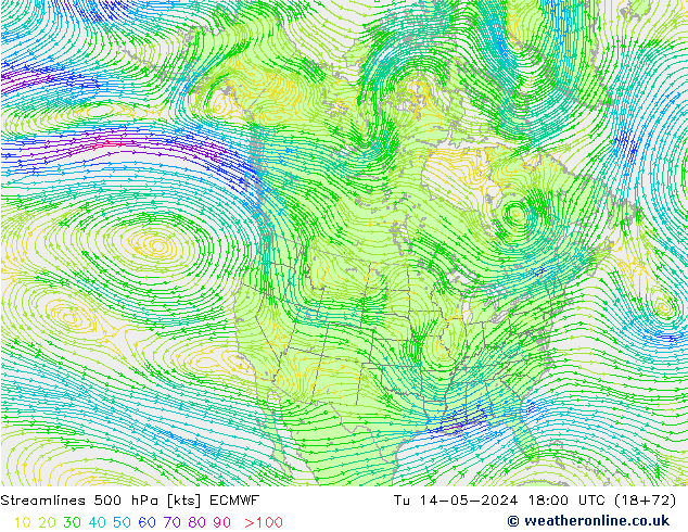 Linea di flusso 500 hPa ECMWF mar 14.05.2024 18 UTC