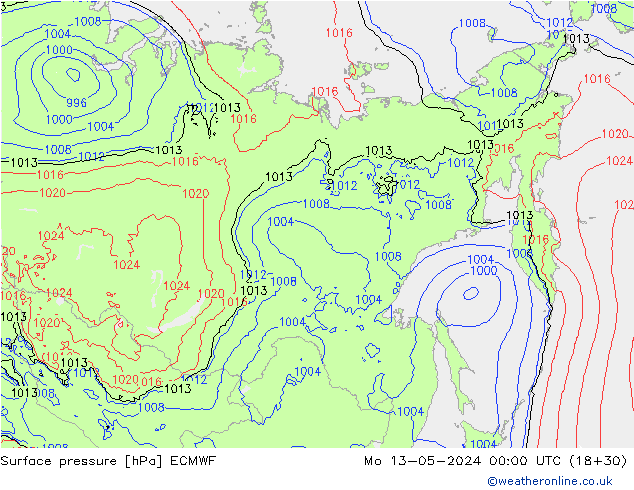 Presión superficial ECMWF lun 13.05.2024 00 UTC