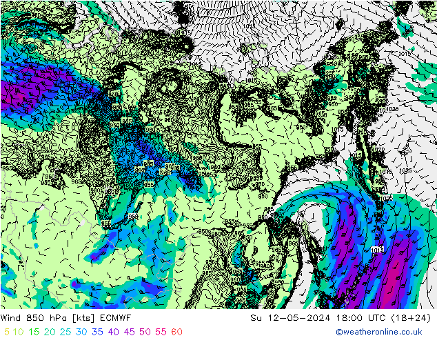 Wind 850 hPa ECMWF Su 12.05.2024 18 UTC