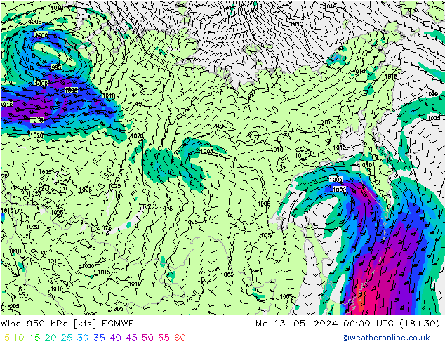 Wind 950 hPa ECMWF Mo 13.05.2024 00 UTC