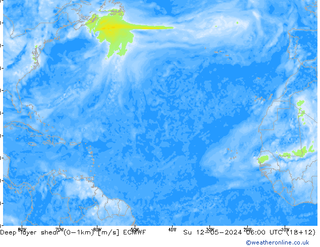 Deep layer shear (0-1km) ECMWF Su 12.05.2024 06 UTC