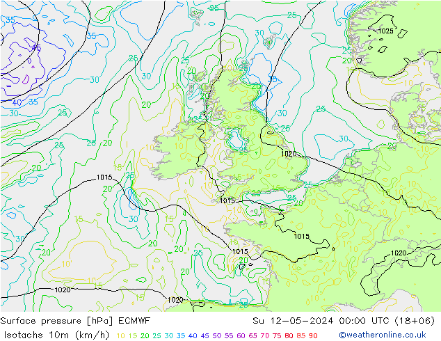 Isotachs (kph) ECMWF Su 12.05.2024 00 UTC