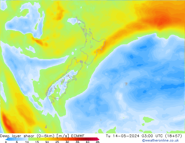Deep layer shear (0-6km) ECMWF Tu 14.05.2024 03 UTC