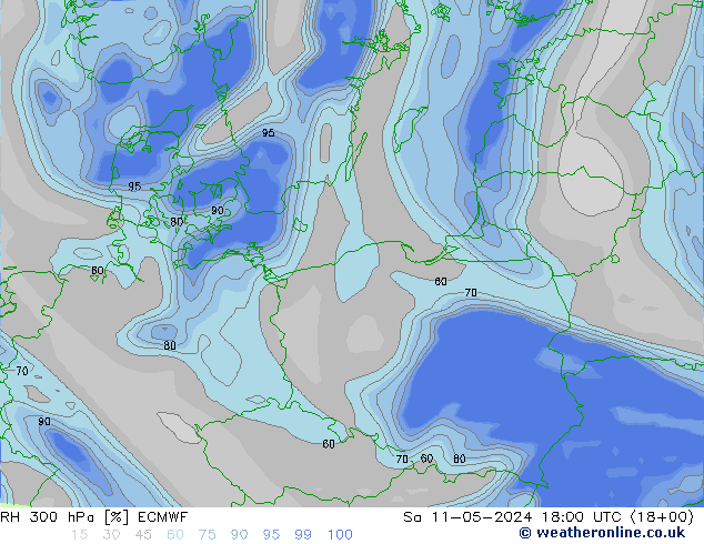 RH 300 гПа ECMWF сб 11.05.2024 18 UTC