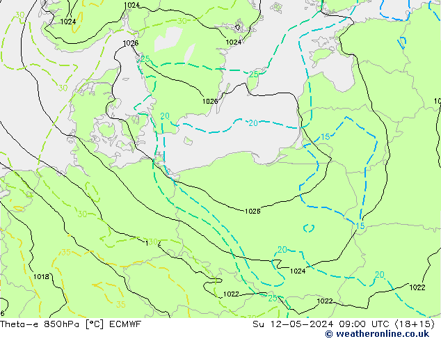 Theta-e 850hPa ECMWF  12.05.2024 09 UTC