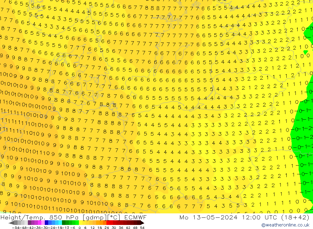 Z500/Rain (+SLP)/Z850 ECMWF Mo 13.05.2024 12 UTC