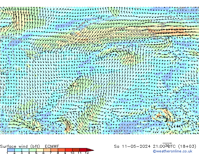 Surface wind (bft) ECMWF Sa 11.05.2024 21 UTC