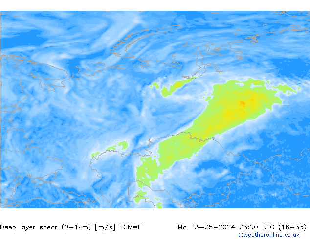 Deep layer shear (0-1km) ECMWF ma 13.05.2024 03 UTC