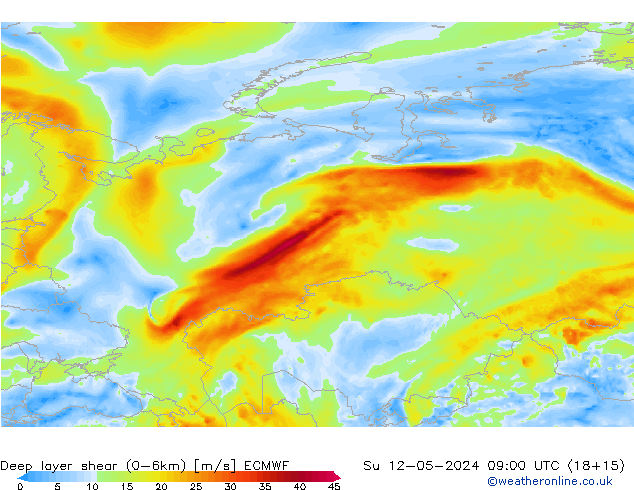 Deep layer shear (0-6km) ECMWF Ne 12.05.2024 09 UTC