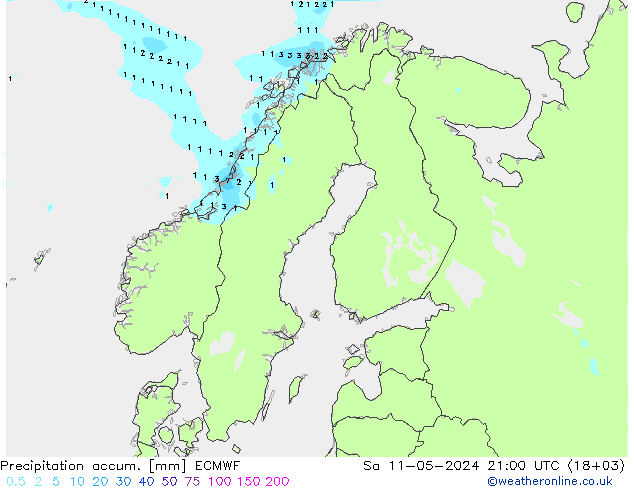 Precipitation accum. ECMWF Sa 11.05.2024 21 UTC