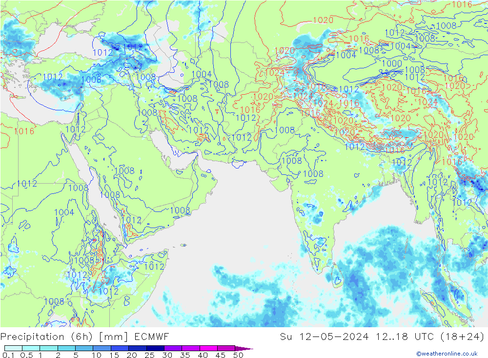 Precipitation (6h) ECMWF Su 12.05.2024 18 UTC