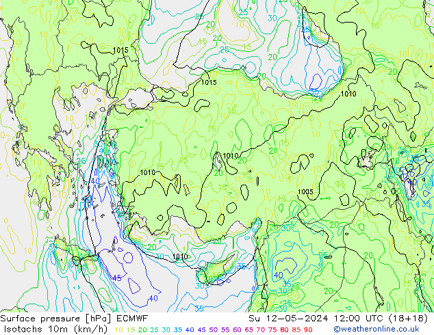 Isotaca (kph) ECMWF dom 12.05.2024 12 UTC