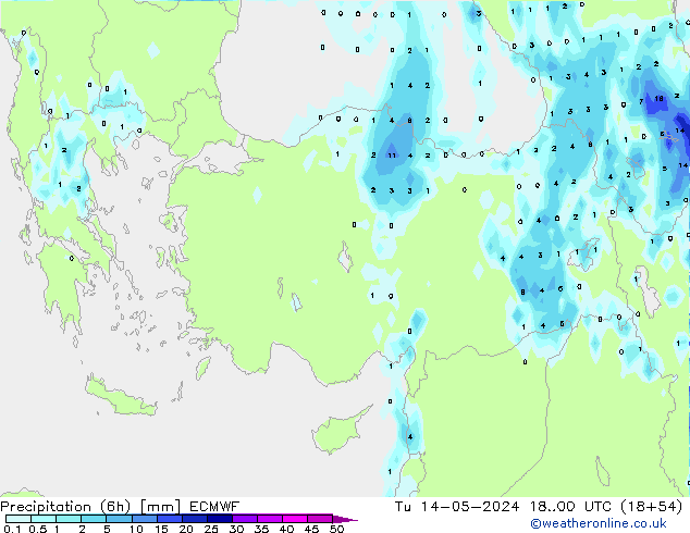 Totale neerslag (6h) ECMWF di 14.05.2024 00 UTC