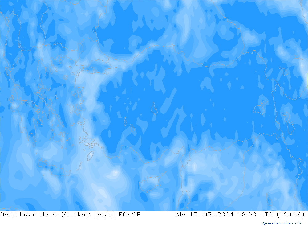 Deep layer shear (0-1km) ECMWF  13.05.2024 18 UTC