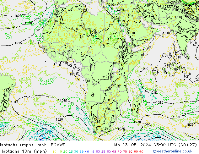 Eşrüzgar Hızları mph ECMWF Pzt 13.05.2024 03 UTC