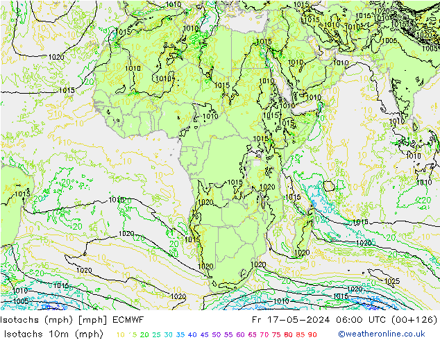Isotachs (mph) ECMWF пт 17.05.2024 06 UTC