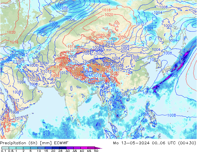 Precipitation (6h) ECMWF Mo 13.05.2024 06 UTC