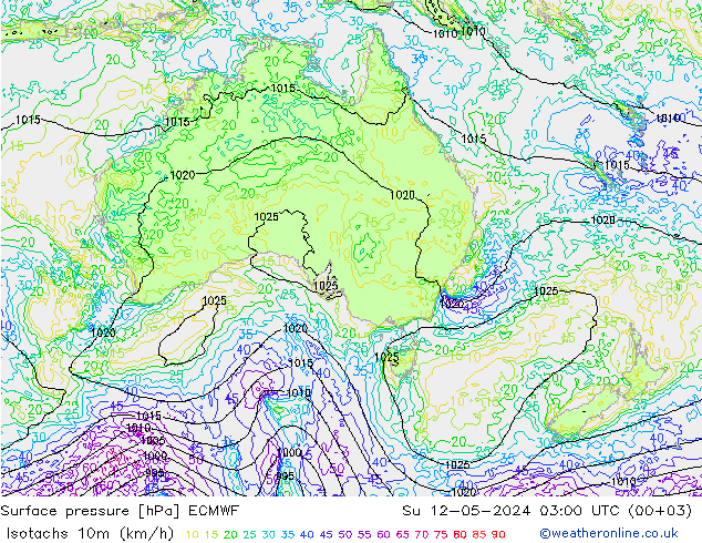 Isotachs (kph) ECMWF dom 12.05.2024 03 UTC