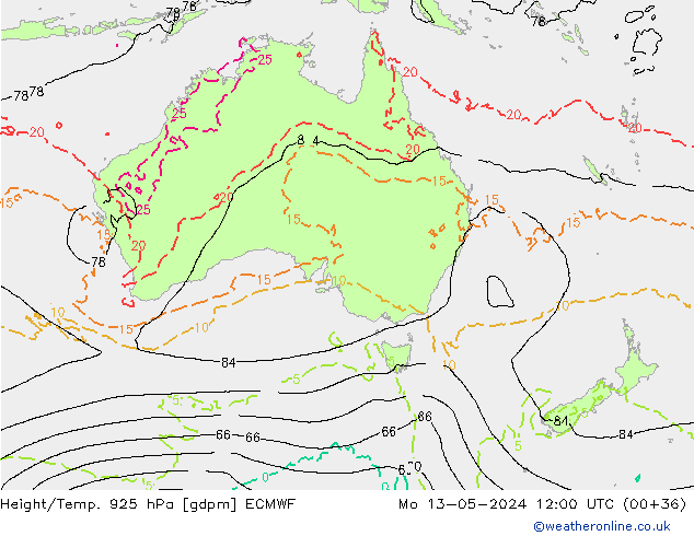 Height/Temp. 925 hPa ECMWF Mo 13.05.2024 12 UTC