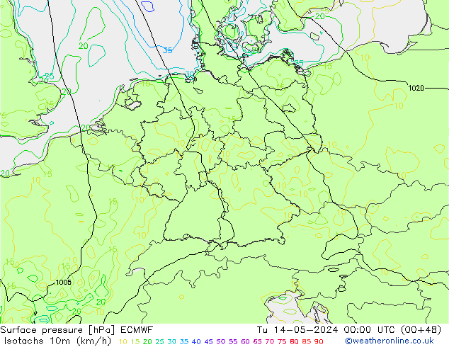Isotachen (km/h) ECMWF Di 14.05.2024 00 UTC