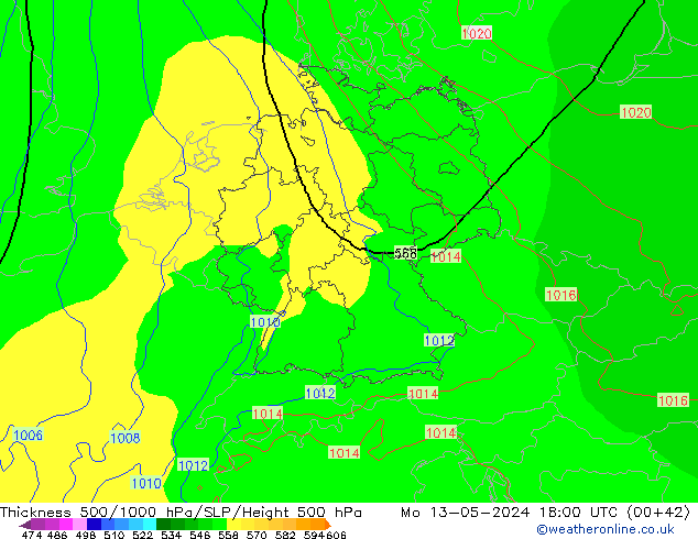 Thck 500-1000hPa ECMWF pon. 13.05.2024 18 UTC